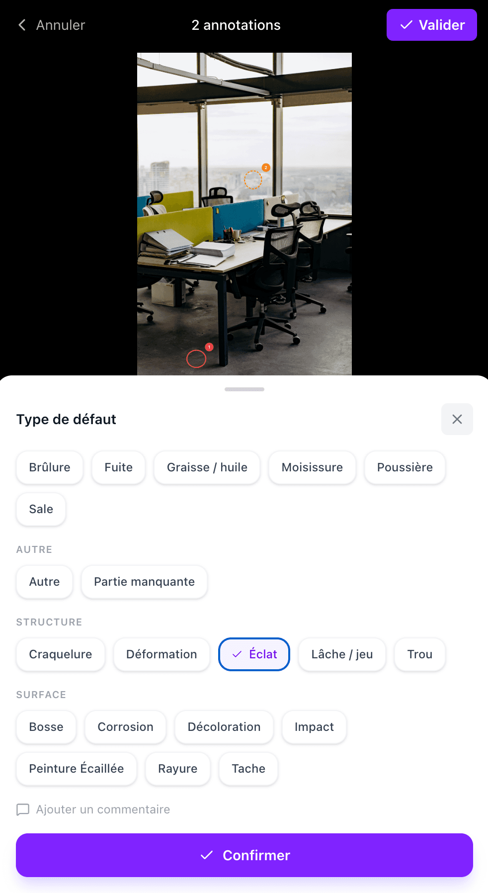 Application mobile Squoad avec le choix du type de défaut sur une photo