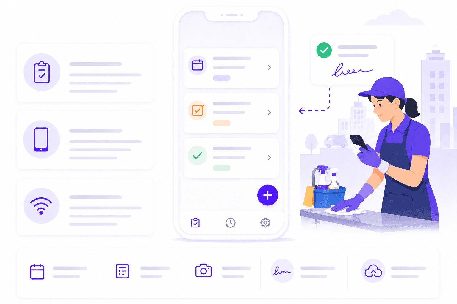 Application mobile Squoad — agent de nettoyage terrain avec checklist et formulaires sur smartphone