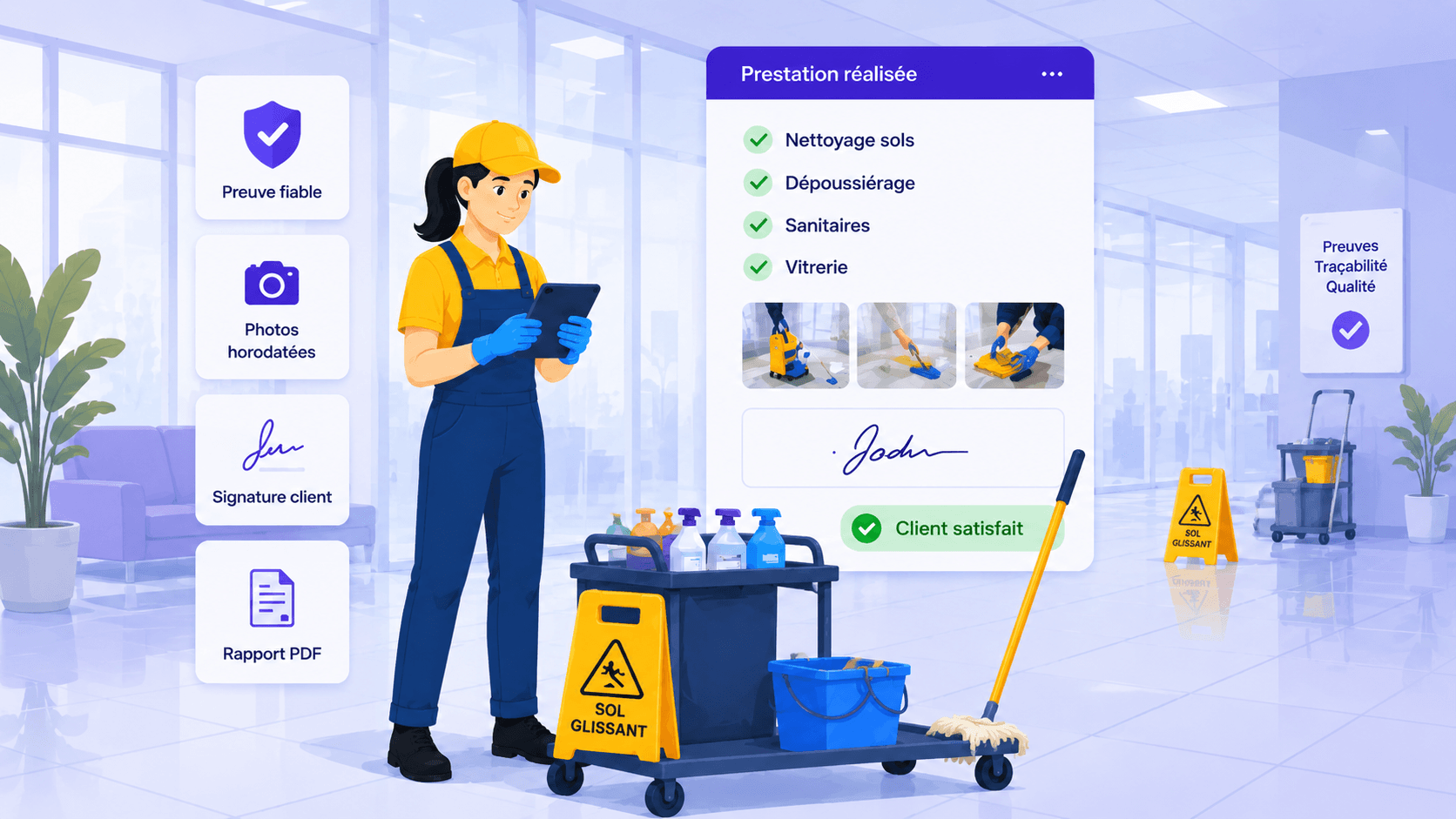 Preuves d’une mission déléguée : géolocalisation, horodatage, signature client et rapport PDF — Squoad