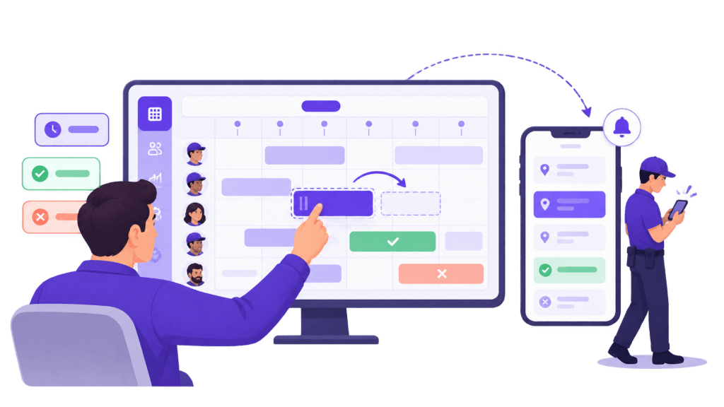 Illustration Squoad — réorganisation d’une mission par glisser-déposer dans le planning web, synchronisée en temps réel sur l’application mobile