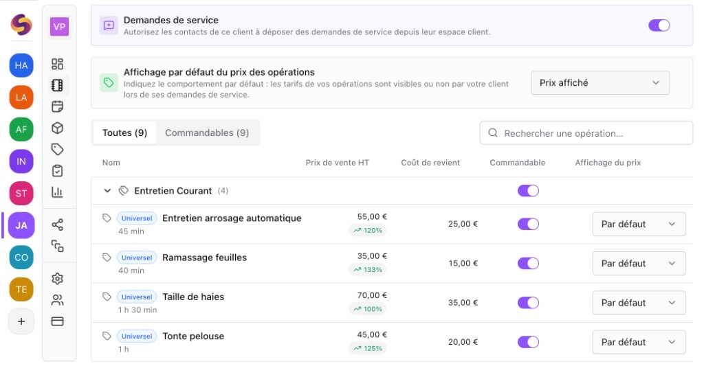 Configuration Squoad — catalogue commandable par client, prestations activées et affichage des prix depuis l’espace client