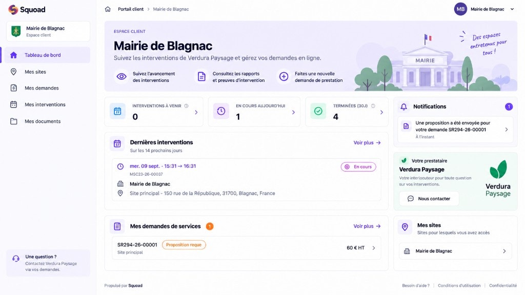 Portail client Squoad — espace Mairie de Blagnac, interventions à venir et en cours, demandes et prestataire sans données internes