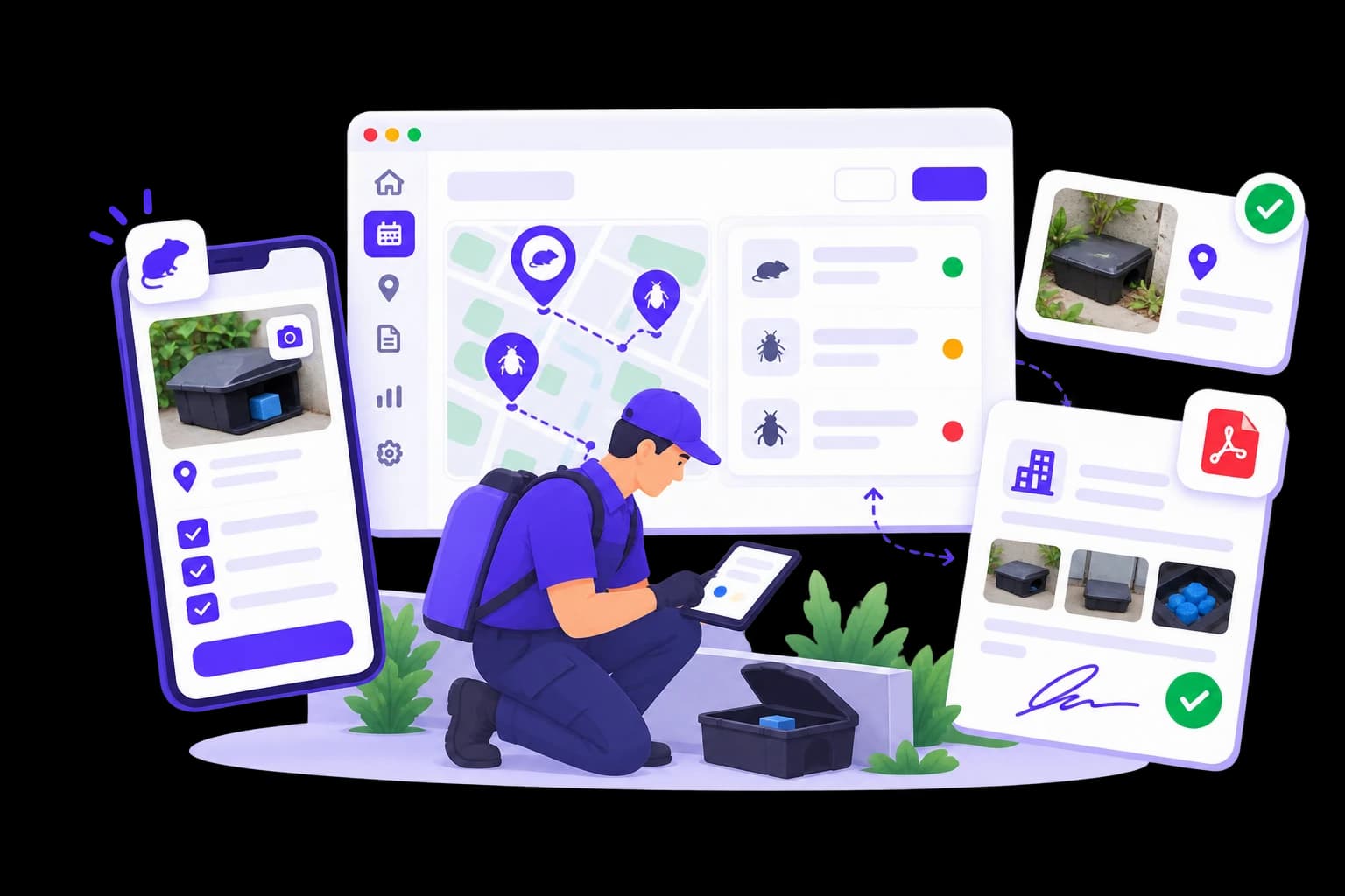 Technicien relevant un poste d’appâtage avec le planning Squoad, la visite sur mobile et le rapport de passage signé