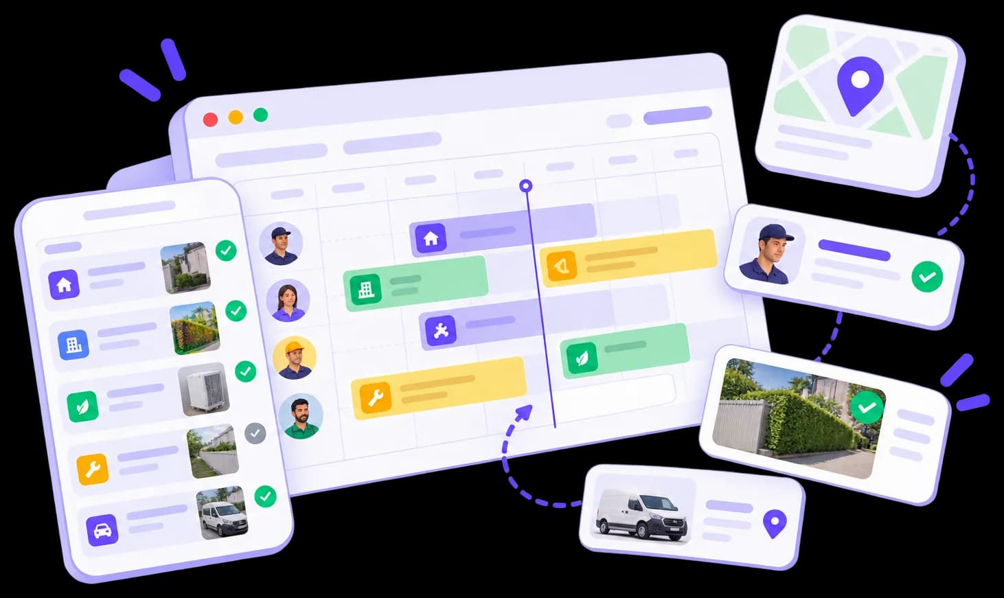 Gestion des interventions terrain : planning des intervenants, missions par site, géolocalisation et prestations validées
