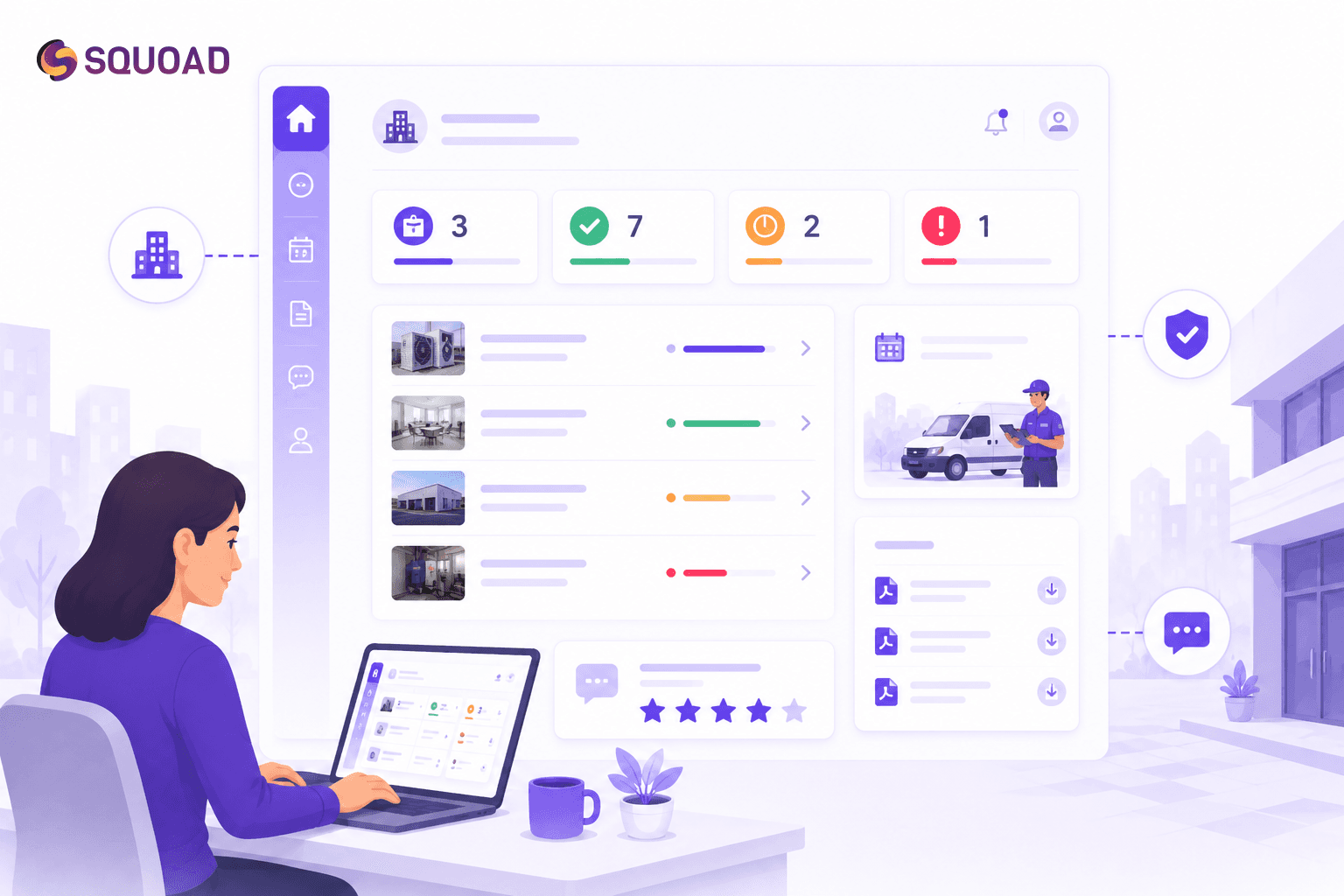 Portail client Squoad — tableau de bord suivi des prestations, rapports et demandes clients