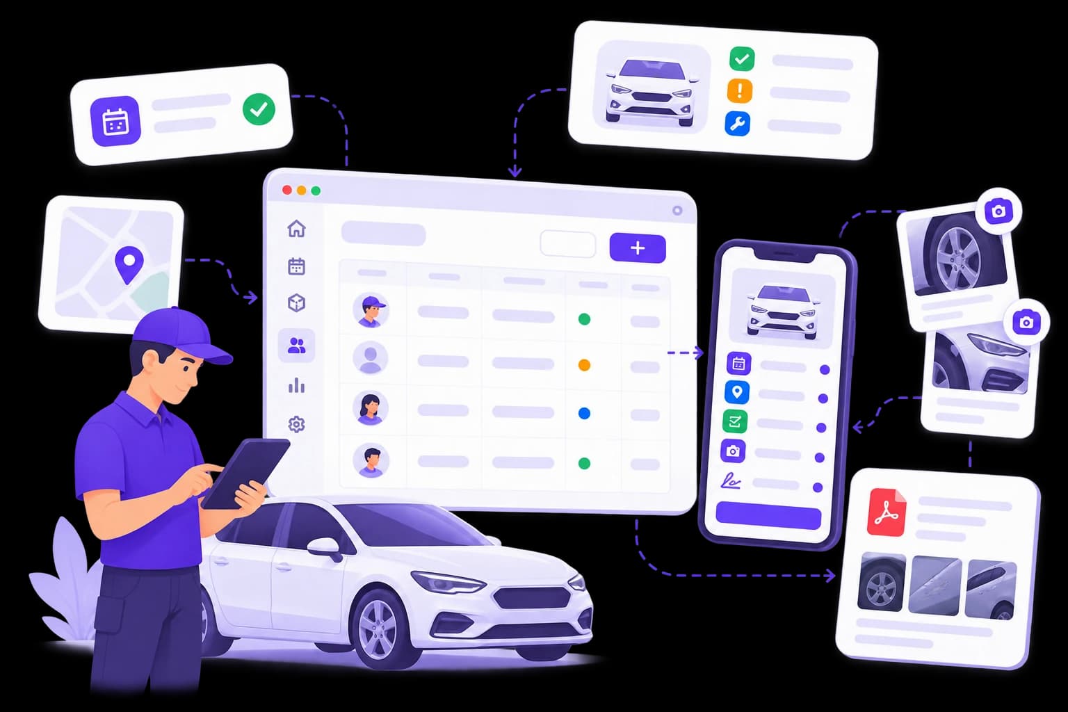 Opérateur devant un véhicule avec le planning Squoad, la mission sur mobile, les photos et le rapport PDF