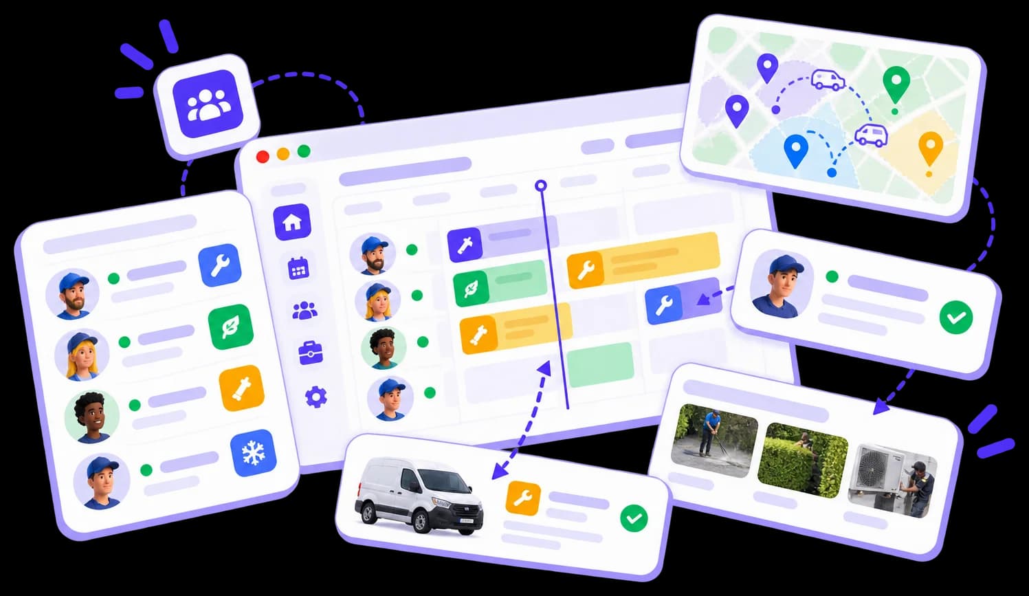 Gestion des sous-traitants : intervenants partenaires, planning des missions confiées, secteurs sur une carte et photos des prestations réalisées